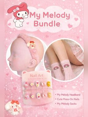 My Melody Headband + Press-On Nails + Pink Crew Socks Gift Bundle New